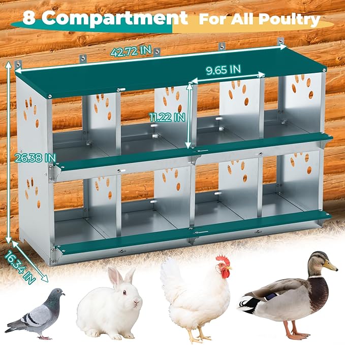 Chicken Nesting Boxes, Wall Mountable Metal Chicken Coop Nesting Box, Easy Egg Collection Roll Away Nesting Boxes Chicken, Roosting Boxes for Chickens, 8 Compartments