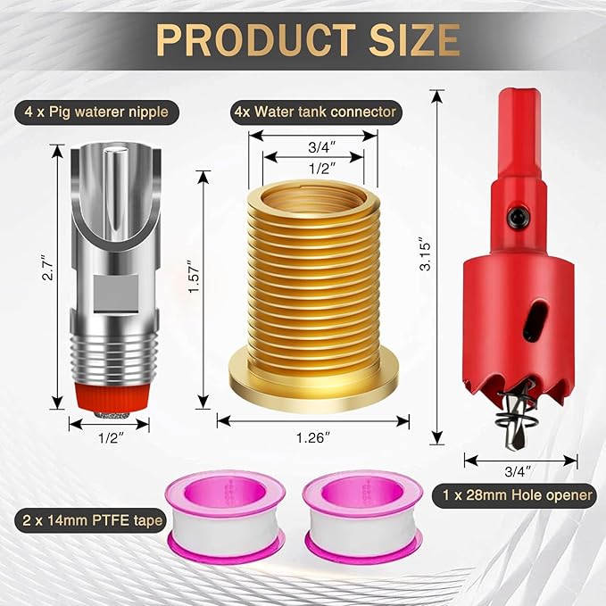 Pig Water Nipple，Pig Nipple Waterer for Barrel Kit，Automatic Pig Nipple Drinkers Kit，Piglets Nipple Feeders ，Hog Feeder Nipple