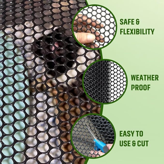 Plastic Wire Mesh Fence, 15.7IN x 59FT, Black, Poultry Animal Barrier Fence, Garden Netting with 200 Zip Ties