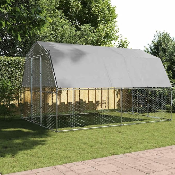 Walk-in Chicken Coop Silver 112.2 x 147.6 x 90.6 in Galvanized Steel Polyethylene Outdoor Hen Run Durable Weatherproof Poultry Cage for Backyard Farm Garden