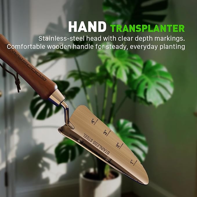 GOODSMANN Garden Tools Set, 3 Piece Stainless Steel Gardening Kit, Hand Trowel, Marker Measurements Transplanter and Cultivator Garden Hand Shovel for Digging Weeding Planting Turning Soil