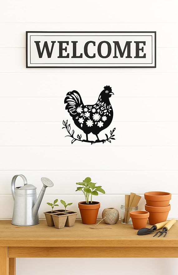 SHIMANY Black Metal Wall Art - Chicken Hanging Wall Sculpture for Kitchen, Farmhouse, Entryway, or Bathroom - Rustic Folk Cutout