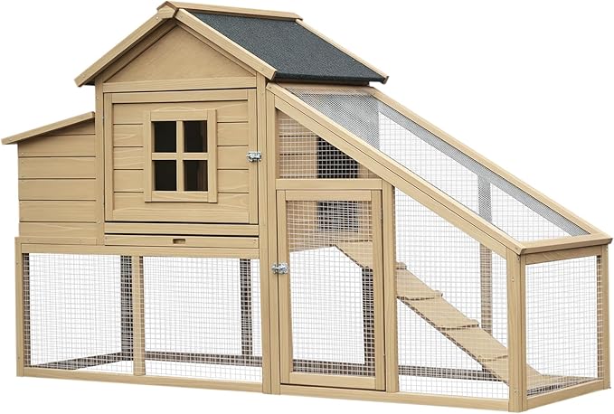 PawHut 69" Wooden Chicken Coop, Poultry Cage Hen House with Connecting Ramp, Removable Tray, Ventilated Window and Nesting Box, Natural
