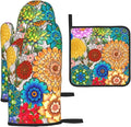 Boho Floral Pot Holders and Oven Mitts Set of 3, Colorful Flowers Baking Gloves Hot Pads, Heat Resistant Kitchen Mitts for Oven, Baking Gifts & Housewarming Gifts for Women Chef Baker Hostress Mom