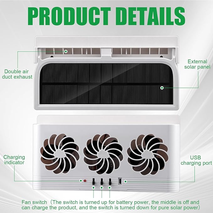 2 Pack Solar Powered Car Exhaust Fan 3 Fans Car Window Air Vent Radiator Solar Energy Cooling Vent Exhaust for General Types (Solar & Battery & USB 3 Fans,White)