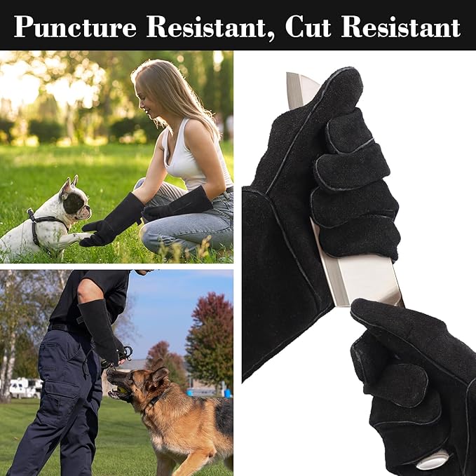 Animal Handling Gloves Bite Proof, Thickened Leather Cat Gloves for Scratching, Falconry, Welding, 23.6 inch Black