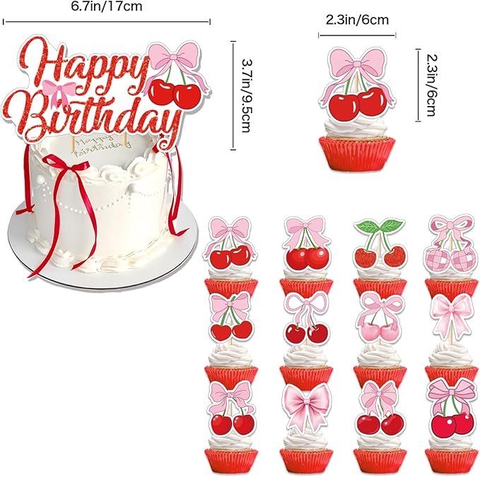 Pink Bow Cherry Themed Birthday Decorations for Princess Girls Coquette Birthday Party Decorations