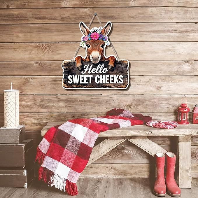 Farmhouse Bathroom Wall Decor, Hello Sweet Cheeks Donkey Sign, Rustic Wood Hanging Plaque, Watercolor Farm Animal Wall Art Painting Style for Bathroom Front Door Country Home, 9.8x9.8 Inches