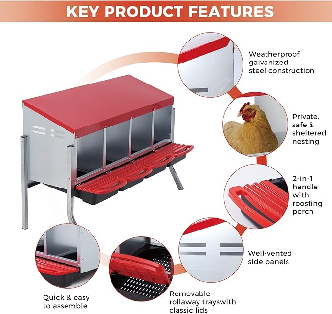 3/4-Hole Metal Chicken Nesting Box with Removable Roll-Out Tray - Easy Egg Collection & Clean Galvanized Steel Laying Box for Hens - for Backyard Coop & Poultry Farm Use