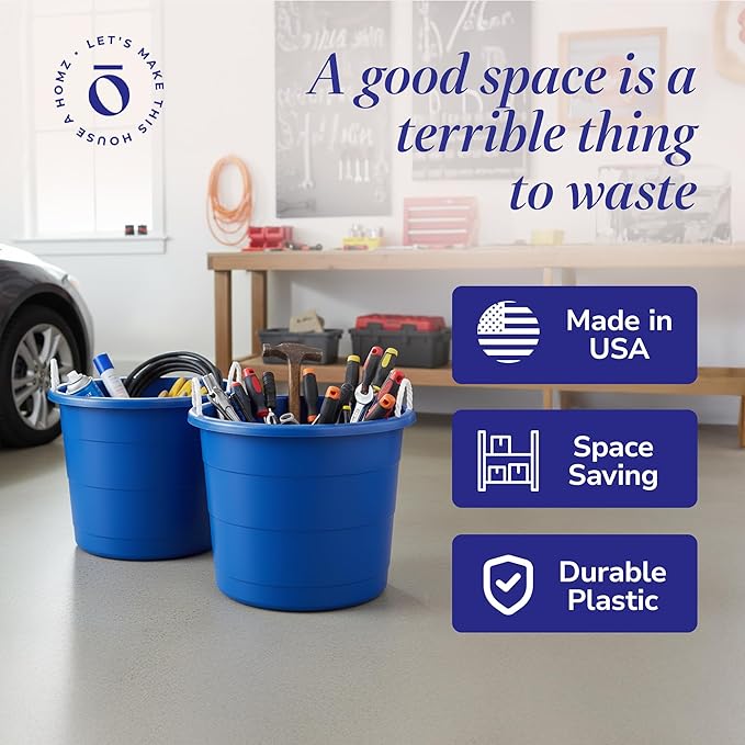HOMZ 2-Pack Utility Tub, Large Plastic Storage Bucket with Rope Handles, 18 Gallon, Blue - Portable Indoor and Outdoor Buckets for Kitchen, Laundry, Garden, Bathroom, and Garage Organization