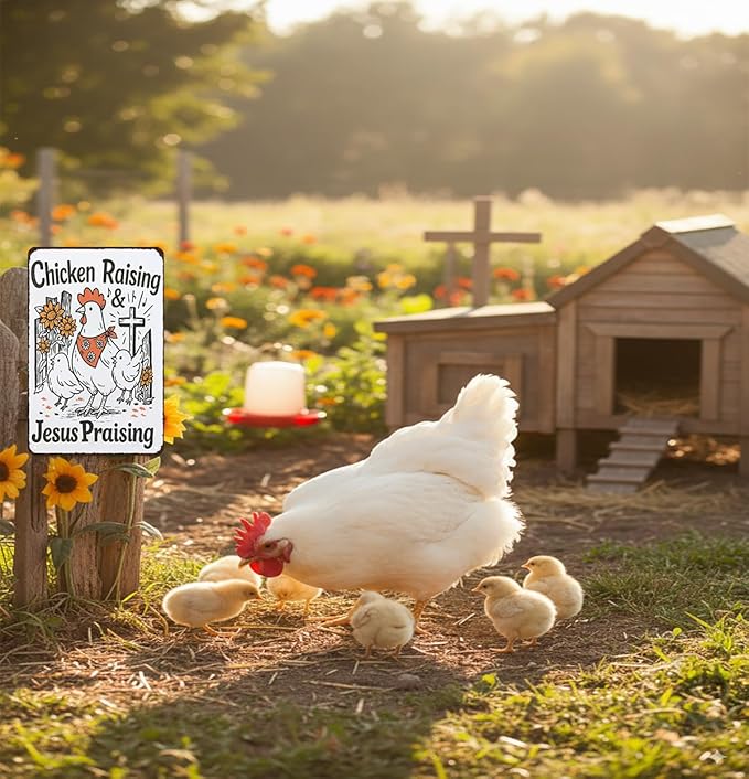 Funny Chicken Sign Chicken Raising Jesus Praising Vintage Tin Sign for Home Farm Chicken-Coop Kitchen Garden Yard Decor 8X12 Inch (3938)