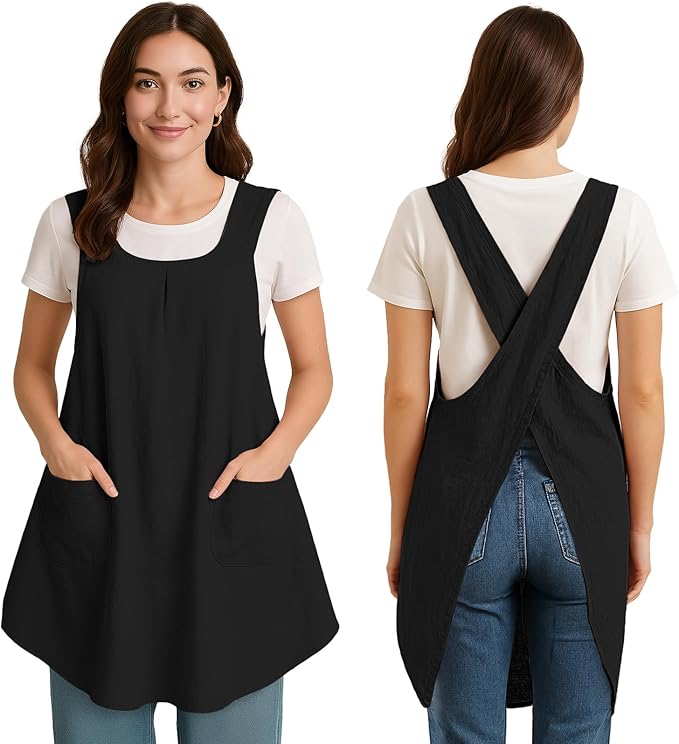 Apron for Women with Pocket Cotton Linen, Japanese Cross Back Apron for Gardening Painting