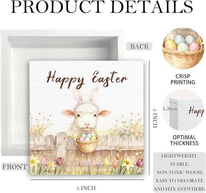 Happy Easter Lamb Wooden Box Sign Desk Decor, Spring Wildflower Easter Egg Farmhouse Sheep Wood Signs for Bedroom Home Office Desk Table Shelf Decorations, 5x5 Inch