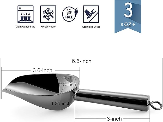 Mini Ice Scoop Set of 2, E-far 3 Ounce Platinum Black Stainless Steel Scoops for Candy/Flour/Sugar, Small Metal Scoops for Party/Canisters Jars/Kitchen Bar/Ice Maker, Rust Proof & Dishwasher Safe