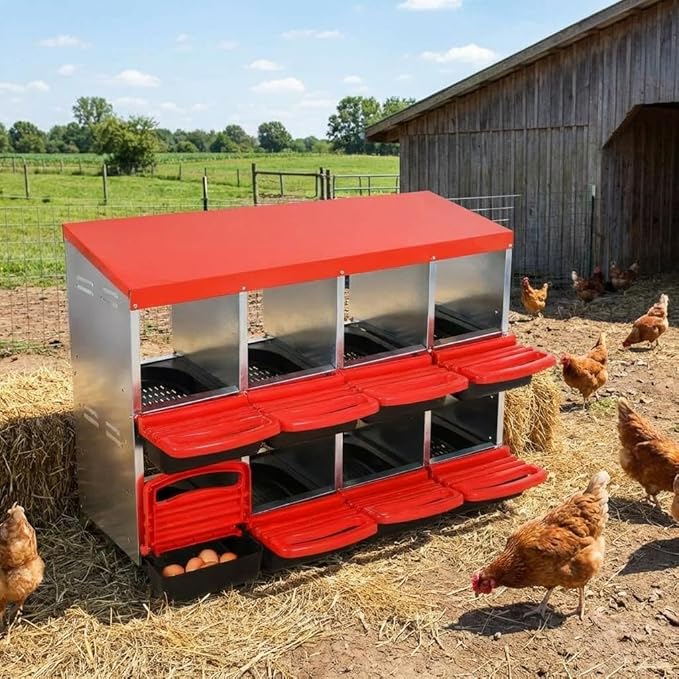 Metal Chicken Nesting Boxes, Roll Away Egg Collection with Lid Cover to Protect Eggs, Easy Clean Ventilated Design for Chicken Coop, Hen Roosting Boxes for Laying