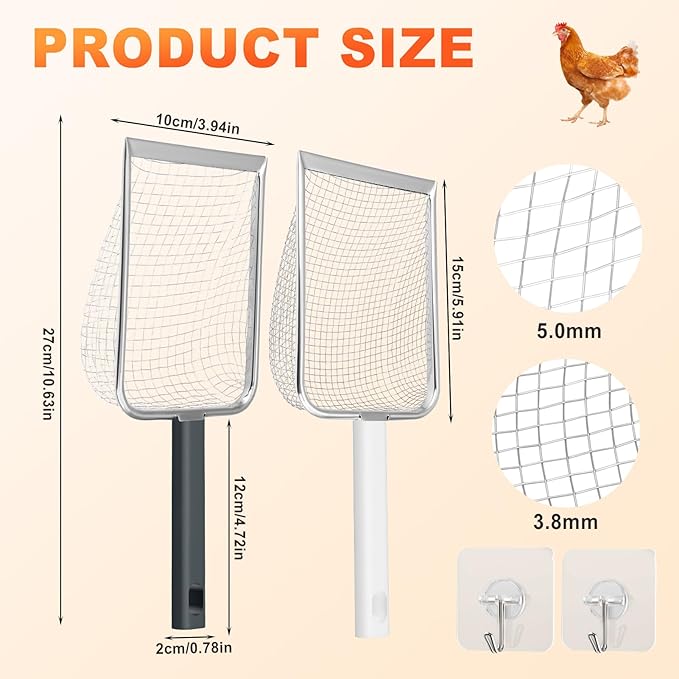Chicken Poop Scooper for Coop,2 Pack Chicken Coop Poop Scoop Shovel with 3.8mm & 5mm Mesh, Metal Chicken Coop Rake and Scoop Tool,Scooper Shovel for Sifting Sand, Litter, Chicken Supplies