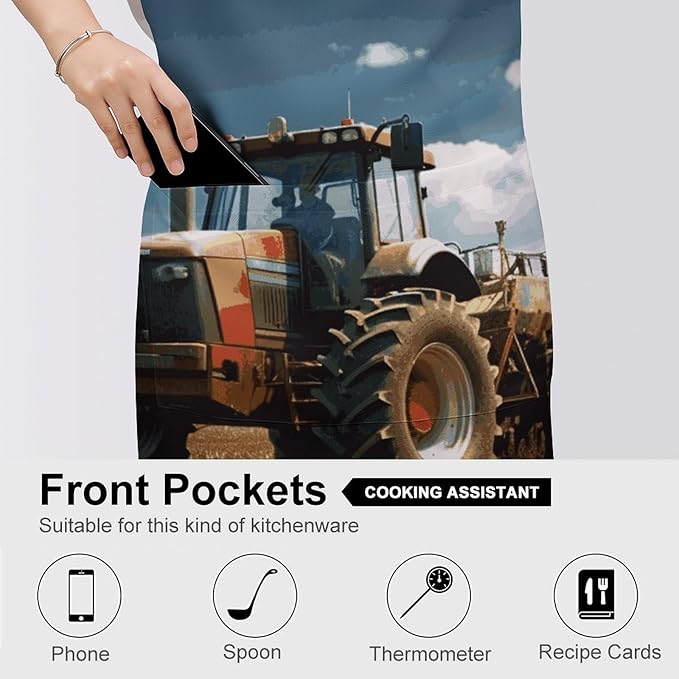 Adult Apron with Pocket, Adjustable Fantasy Farm Tractor Bib Aprons for Kitchen, Cross Back Chef Aprons for Man Woman, Waterproof Apron for BBQ Crafting Outdoors, Cooking