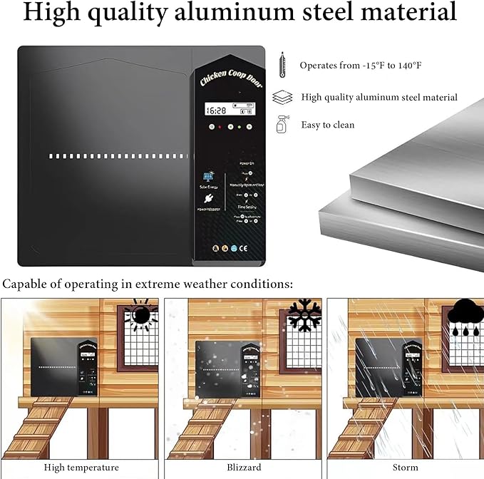 NEONMAN Automatic Chicken Coop Door Solar Powered, Automatic Chicken Cage, Large Programmable LCD Screen 3 Power Modes Safety Anti-Pinch, Suitable for Poultry