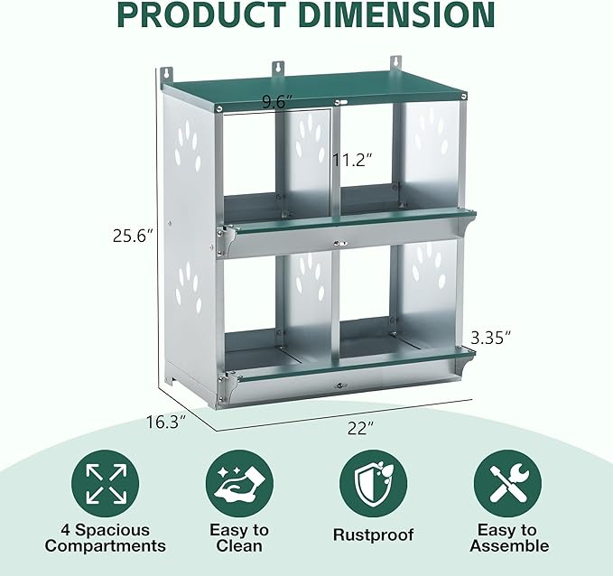 Metal Nesting Boxes for Chickens, Multiple Compartment Chicken Nesting Box for Laying Eggs, Durable Galvanized Steel Hen Nesting Box, Wall-Mounted Poultry Nesting House (4-Hole)