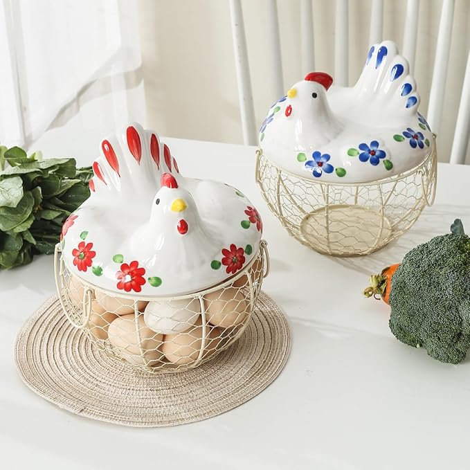 Decorative Egg Basket for Counter,Ceramic Chicken Lid with Wire Basket, Holds 20-25 Eggs