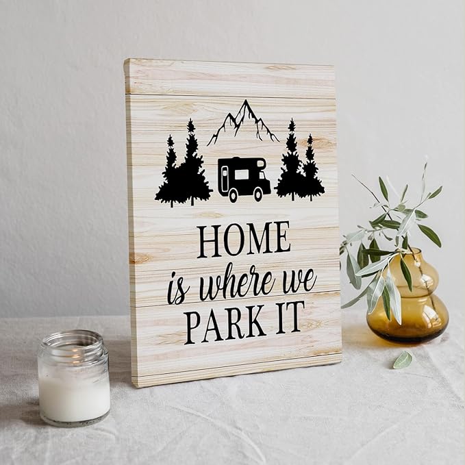 Tizzer Funny Home Wall Decor, Farmhouse Camping Signs Canvas Wall Art Prints Decor for Travel Trailer Camper, Home Is Where We Park It, 11x14 Inches