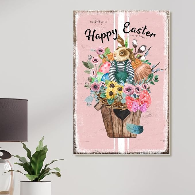 Wooden Sign Plaque Happy Easter Flower Basket Bunny Sign French Style Floral Pink Stripes Wood Art Plaques Hello Spring Happy Easter Day Wood Plaque for Bedroom 8x12in