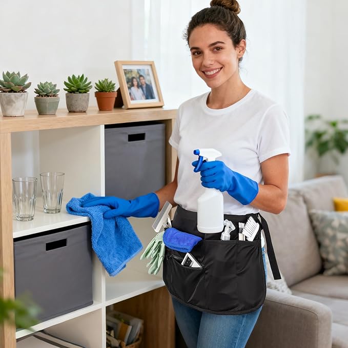 6-Pocket Cleaning Apron with Buckle, Splash-Proof Cleaning Caddy Apron, Adjustable Waist Belt with Zipper, Soft Heavy Sateen Housekeeper Aprons, Half Aprons for Housekeeping Work Supplies - Black