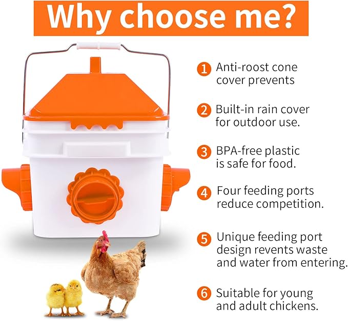 GUEOQTC-10 Pounds Chicken Feeder with 4 Ports, Rainproof Poultry Feeder for Up to 10 Adult Chickens or 15 Chicks（Patented Products）