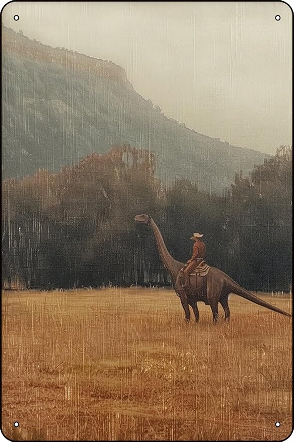 Vintage Dinosaur Cowboy Oil Western Jurassic Dinosaur Gift for Him, Funny - 8 x 12 inches Vintage Metal Sign