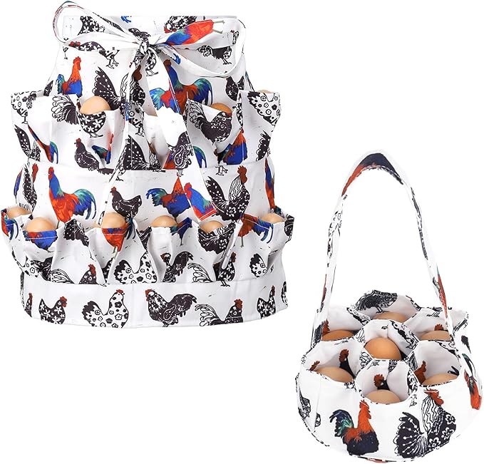 Egg Collecting Apron and Basket, 12 Deep Pockets Chicken Apron and 7 Deep Pockets Basket