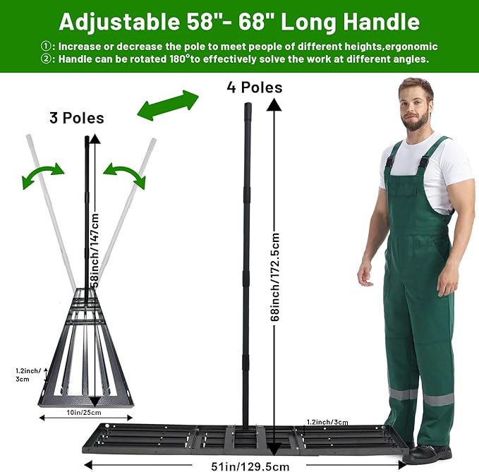 Lawn Leveling Rake 51"x10",Lawn Leveling Tool with 68" Long Adjustable Stainless Steel Handle for Leveling Soil,Grass,Sand or Dirt,Heavy Duty Lawn Leveler for Backyard,Garden,Golf Course,Farm,Pasture