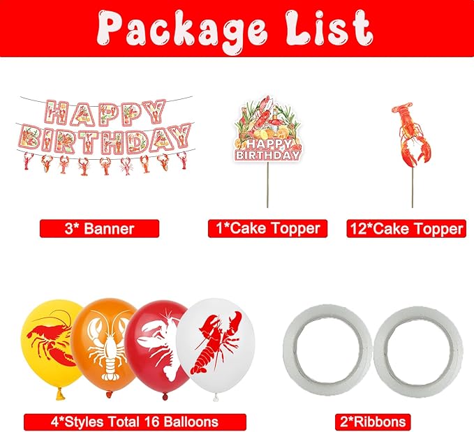 Crawfish Boil Party Supplies - Lobster Happy Birthday Banner Crawfish Balloons and Crayfish Cake Topper for Seafood Theme Birthday Party Decorations