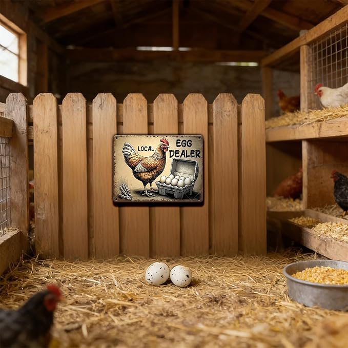 Local Egg Dealer Metal Tin Sign Funny Chicken Gifts for Home Farm Chicken Coop Farmhouse Vintage Farm Fresh Eggs Metal Wall Art Kicthen Garden Decor 12x8 Inch