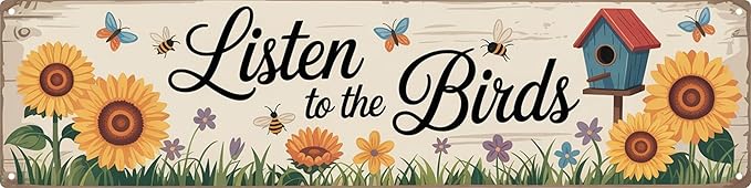 AWISZZZ Listen to the Birds Metal Sign 4x16in Nature Plaque for Garden Yard Wall Decor Outdoor Meditation Gift