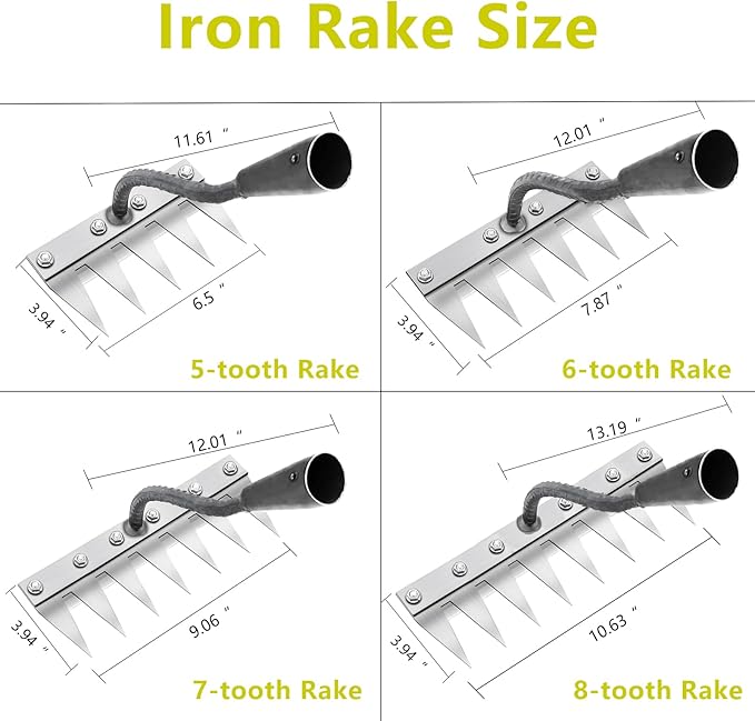 Weeding Rake for Gardening, Gardenia Iron Rakes for Backyard, Lawn, Small Farm, Rake with Sharp Metal Teeth，Heavy Duty Garden Tool for Weeding Without Handles (8 Tines)