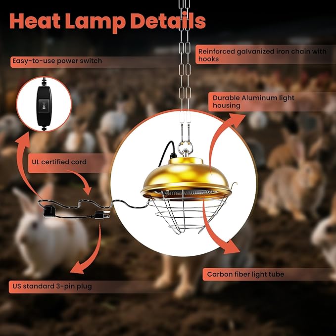 2-Pack Heat Lamp for Chickens, 170W & 350W Adjustable Heating Temperature and Hanging Height, Chicken Coop Brooder Heater, Carbon Fiber Heating Lamp for Chicks, Ducks, Rabbits, Cats, Dogs, Livestocks