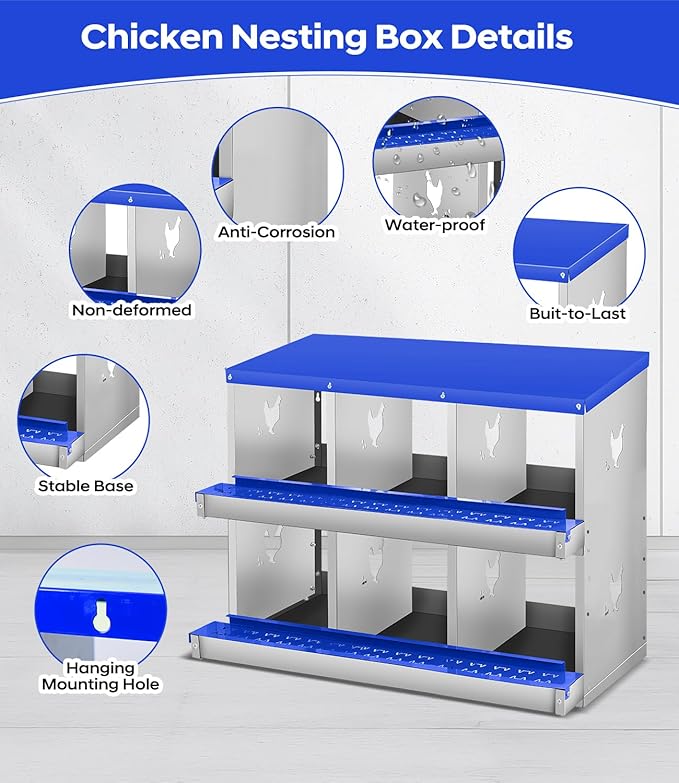 Chicken Nesting Box for Laying Eggs, 6 Compartment Metal Nesting Box,Wall Mount Chicken Nesting Boxes,Easy Egg Collection,Laying Boxes for Chickens Coop to Protect Eggs (Blue, 6 Compartment)