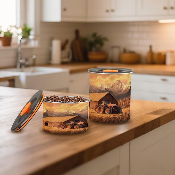 Coffee Canister Vintage Farm Pattern Airtight Stainless Steel Coffee Container, 17 OZ Food Storage Container for Coffee Beans, Ground, Sugar, Tea, Flour, Rice