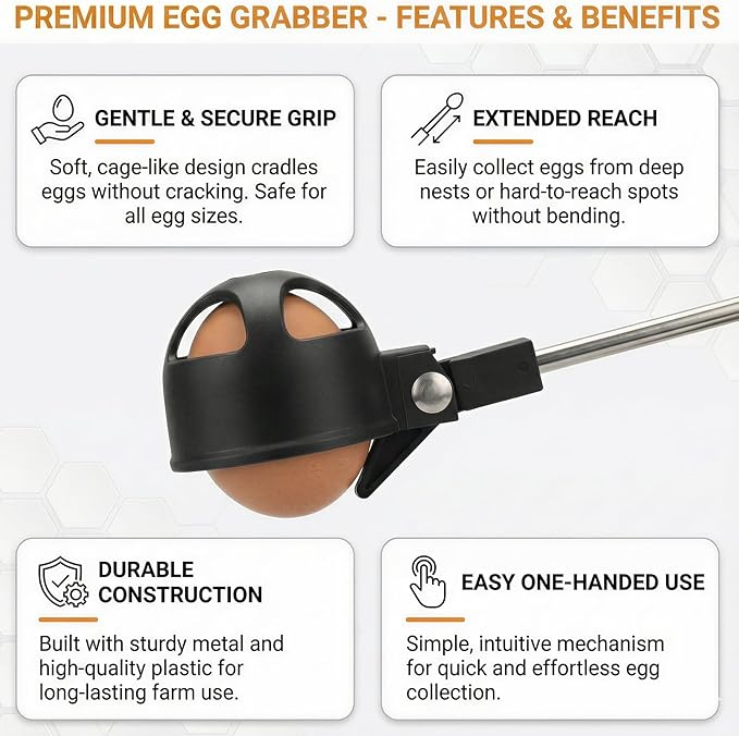 Egg Grabber for Chicken Eggs 15.7-76inch Extendable Stainless Steel Egg Picker Tool Long Grabber Reacher for Coop with Anti-Slip Handle Poultry Nest and Farm Use