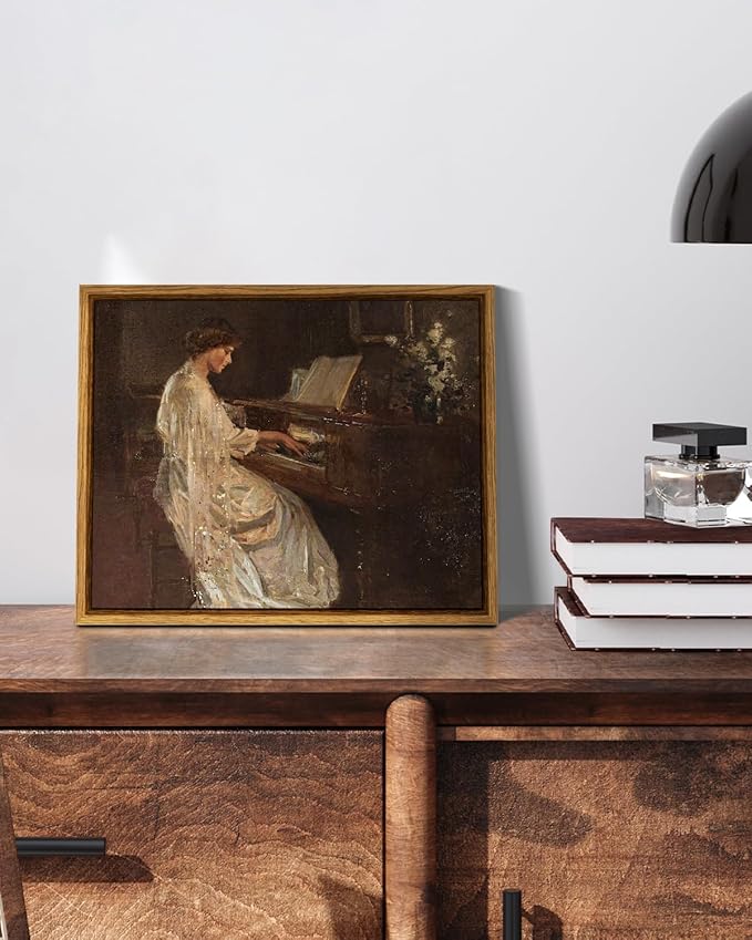 InSimSea Framed Canvas Wall Art Mid Century Lady Playing Piano Classical Painting Vintage Canvas Prints Wall Decor for Bedroom Bathroom Decor Retro Portrait Wall Art 8x10in