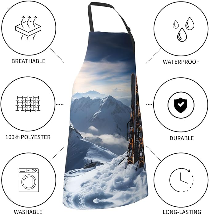 Kitchen Aprons for Men Women Waterproof Apron with 2 Pockets Skis on mountain Apron Adjustable Bib Aprons