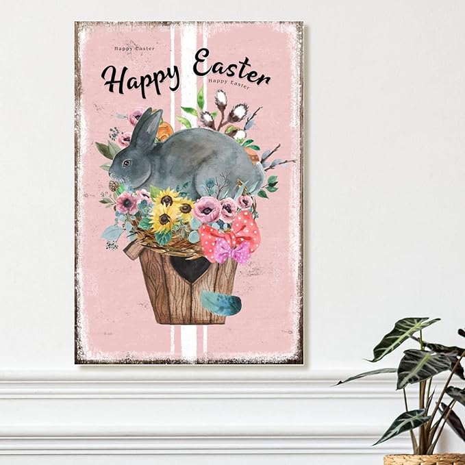 Happy Easter Flower Basket Bunny Wall Decor Wood Signs French Style Floral Pink Stripes Wood Art Plaque Spring Farmhouse Decor Easter Bunny Wood Plaque for Living Room 8x12in