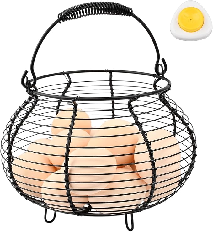 Chicken Wire Egg Basket for Gathering Fresh Eggs,Vintage Chicken Egg Collecting-Basket with Handle,Farmhouse Metal Wire Eggs Holder-Basket for Easter Christmas Kitchen DecorBlack)
