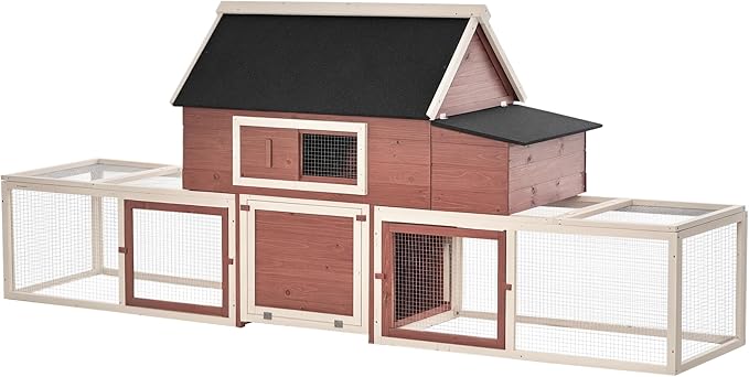 PawHut 114" Chicken Coop Wooden, Customizable Outdoor Chicken Cage Poultry Hen House with Nesting Box, Double Runs, Asphalt Roof, Ramp, for Garden Backyard