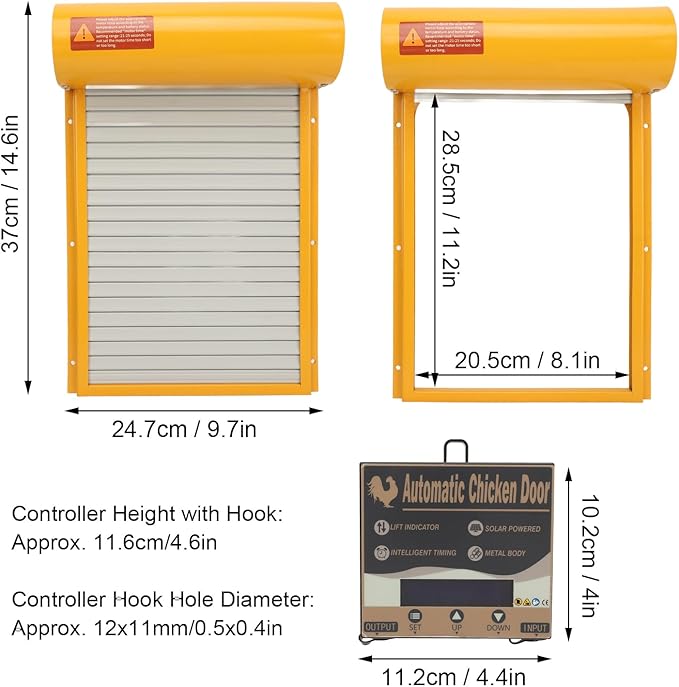 Zerodis Automatic Chicken Coop Door, Solar Powered Opener with Timer Light Sensor HD LED Display, Iron Metal Plastic Frame for Chicken Duck Goose Poultry Safety (Yellow)
