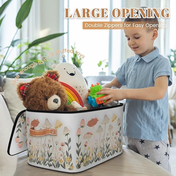 Mushroom Botanical Flower Plants Storage Bins With Lids Fabric Collapsible Storage Box with Leather Handles for Home Bedroom Foldable Closet Shelf Organizer