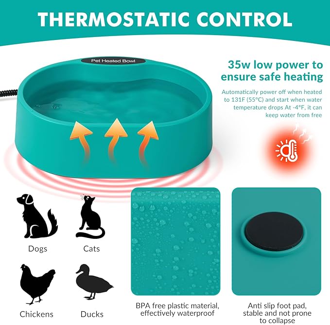 3.7L Heated Water Bowl for Dog & Cat, Outdoor Heated Dog Bowl, Large Waterproof Heated Warming Pet Bowl for Outside, Anti-Freeze Heated Pet Water Dish for Rabbit, Chicken, Duck, Squirrel (35 Watts)