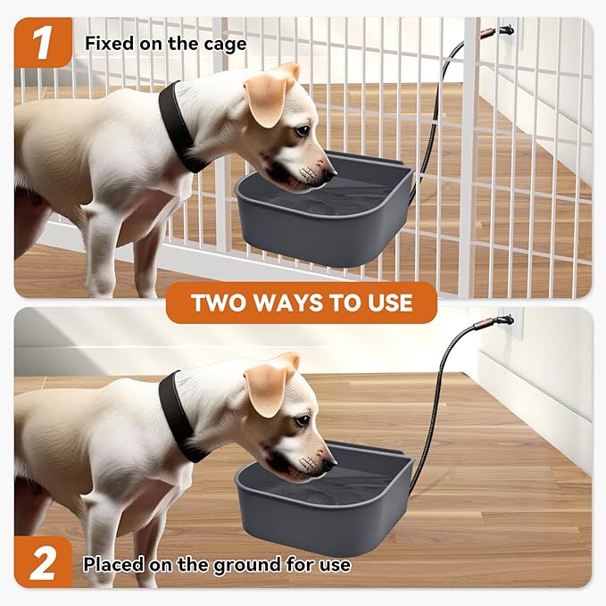 Dog Heated Water Bowl for Crate Cage No Freeze Water Bowl for Outdoor 0.27 Gallon Hanging Heated Water Dish for Dogs/Cats/Chickens/Birds/Rabbits, Grey