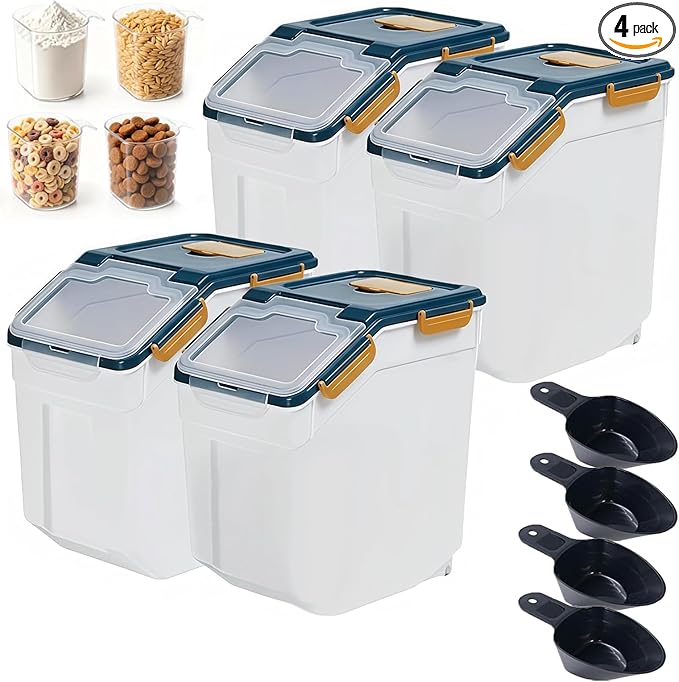 RUIAN Large Airtight Storage Container,25lb Flour Rice Storage Containers Bin with Wheels Seal Locking Lid, with Measuring Cup&Scoop for Flour, Rice, Grain(4PCS,Blue)
