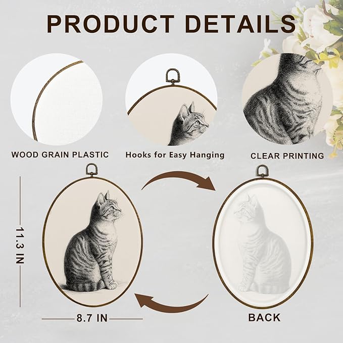 dvhdajed Vintage Cat Oval Wall Art Decor,Cute Cat Prints Framed Canvas Art,Gifts for Kitty Lovers,Neutral Beige Antique Kitty Oval Wall Hanging Decorations for Kitchen Nursery Bedroom, 8.7x11.3 Inch